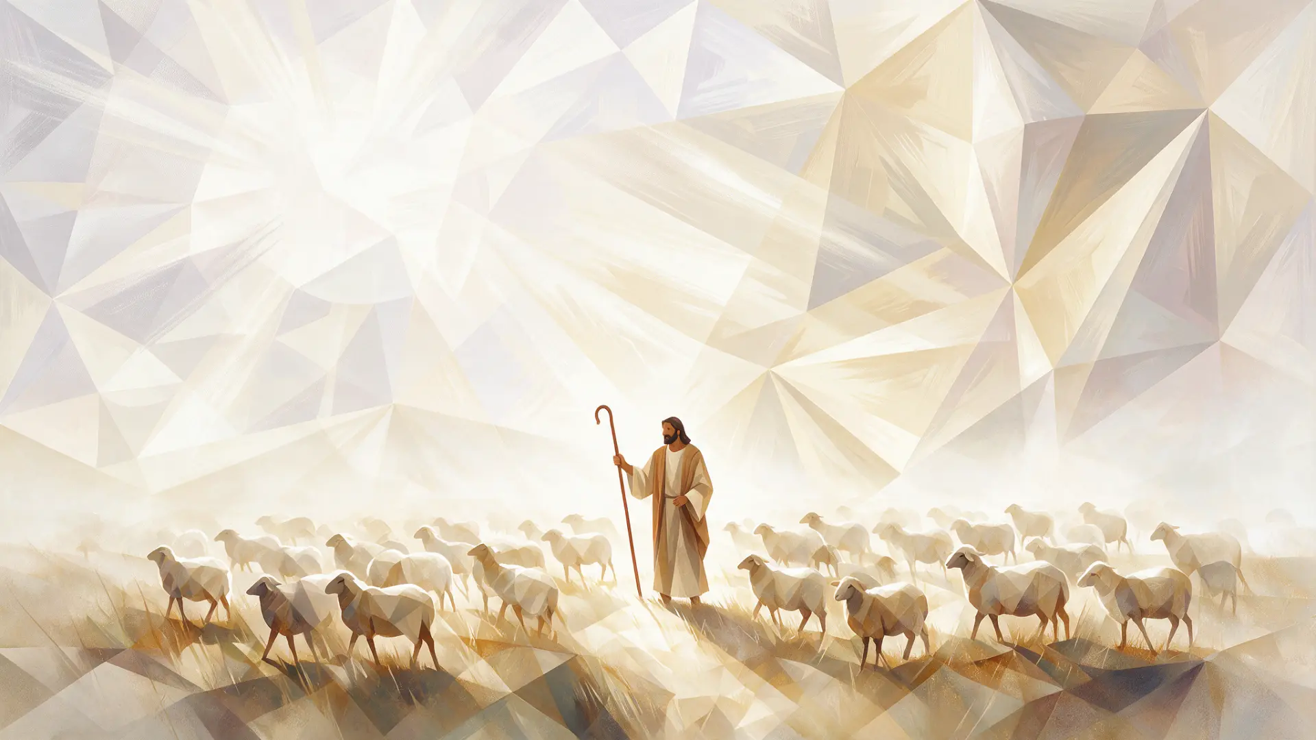 Ilustración de Jesús como pastor caminando junto a su rebaño en un campo luminoso