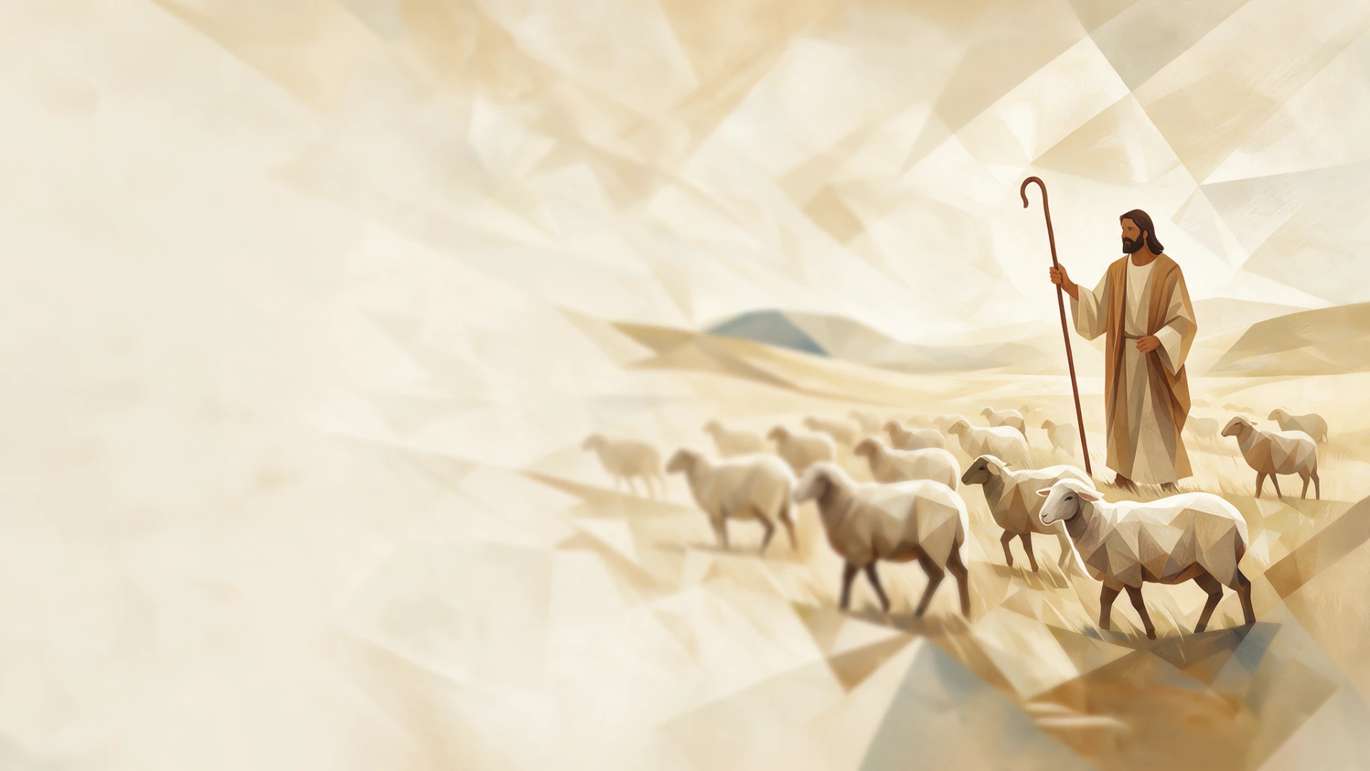 Ilustración de Jesús como pastor caminando junto a su rebaño en un campo luminoso
